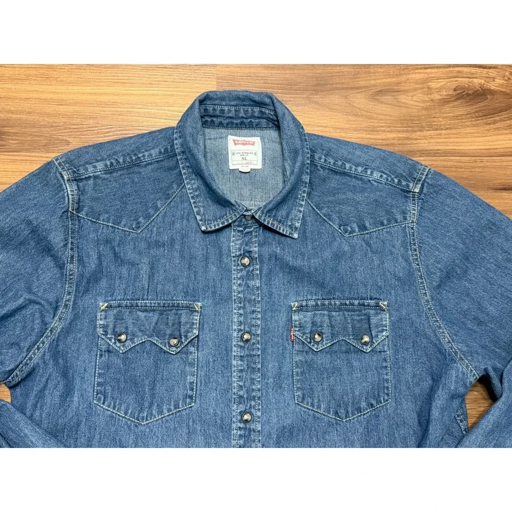 Levis Shorthorn Sawtooth Western Denim Shirt Medium Wash Pearl Snap Men's Sz XL